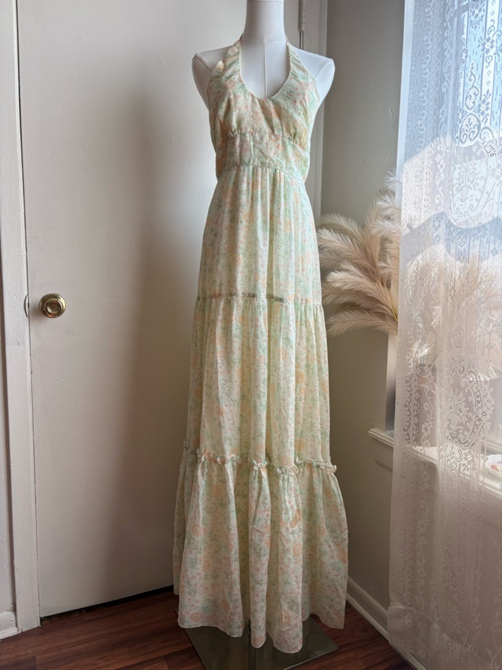Vintage 70s Candi Jones California halter floral maxi prairie dress